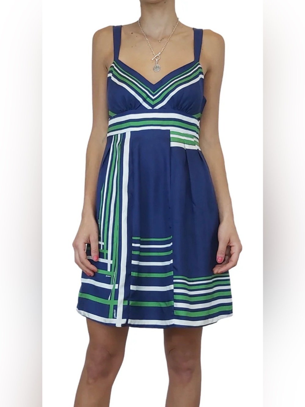 Guess Silk Stripe Mini Dress Y2K Blue Green Empire Waist Baby Doll Size 3